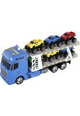 Camion Blu a frizione con rimorchio e 6 veicoli