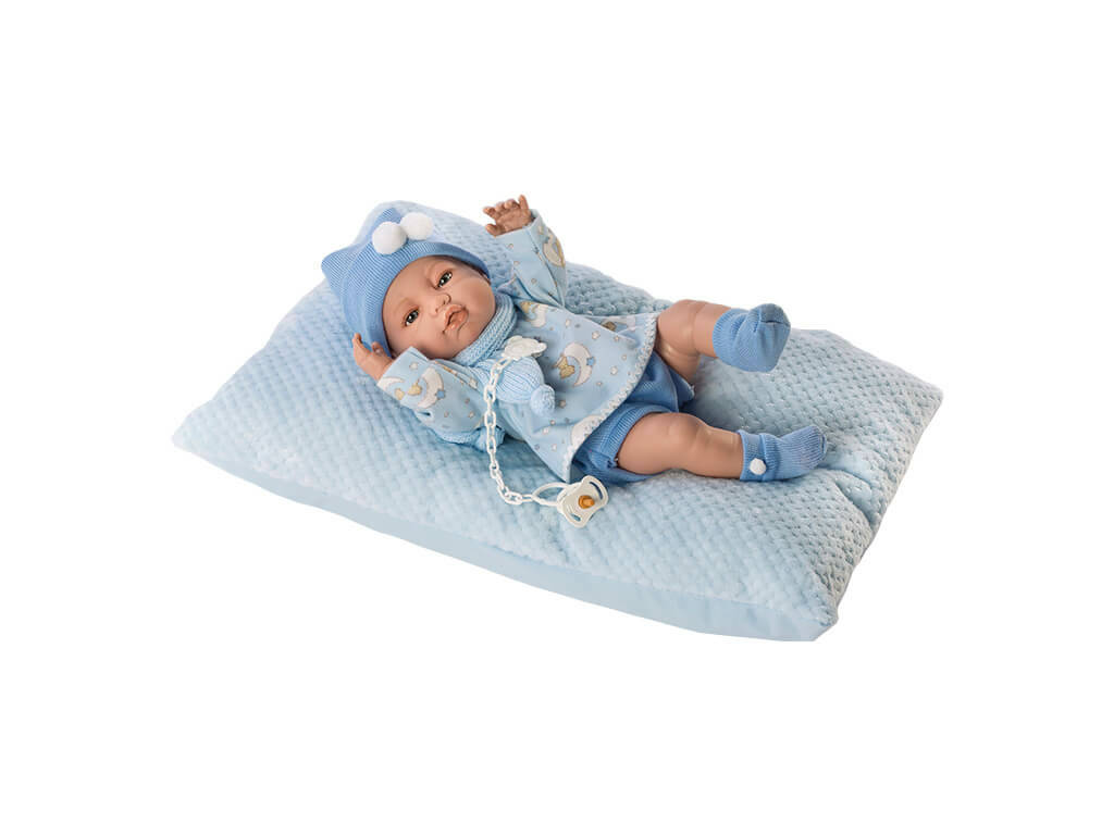Neugeborene Puppe 42 cm. Blaues Kleid und Kissen Berbesa 5115A