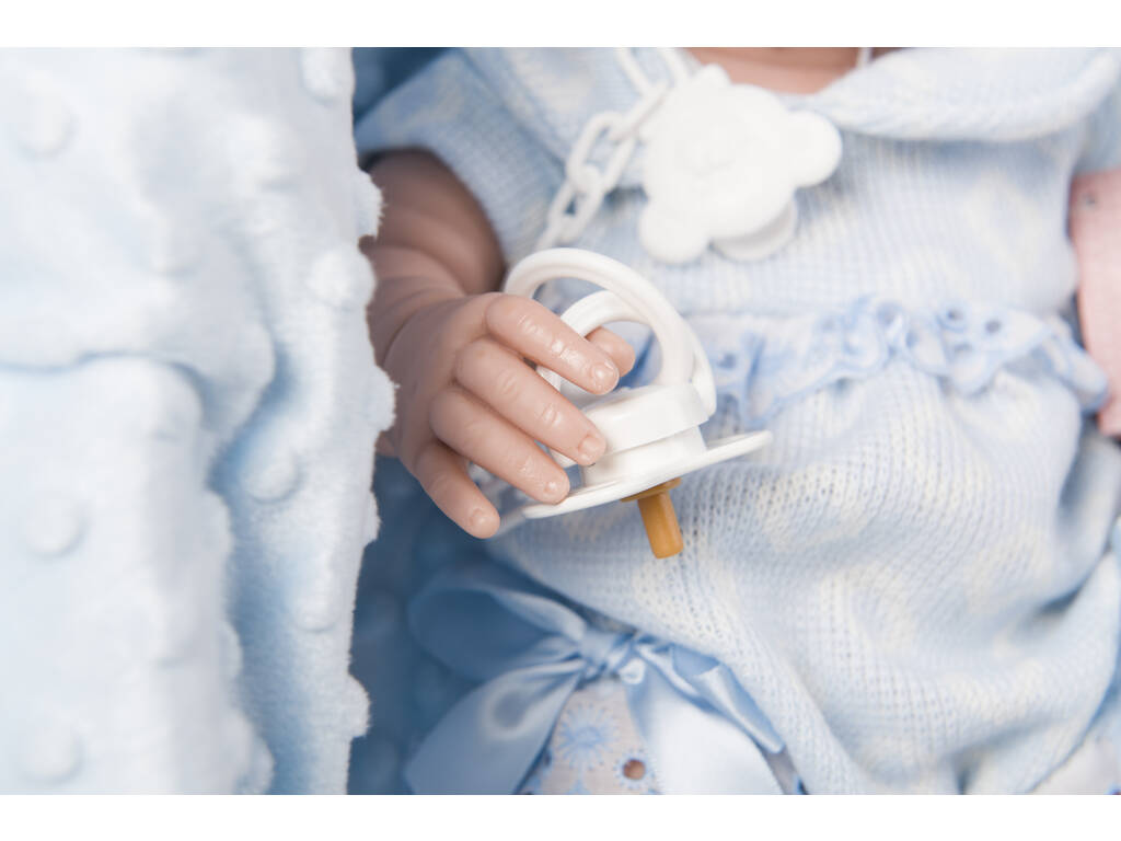 Neugeborene Puppe 42 cm. Blauer Strampler und Decke Berbesa 5117