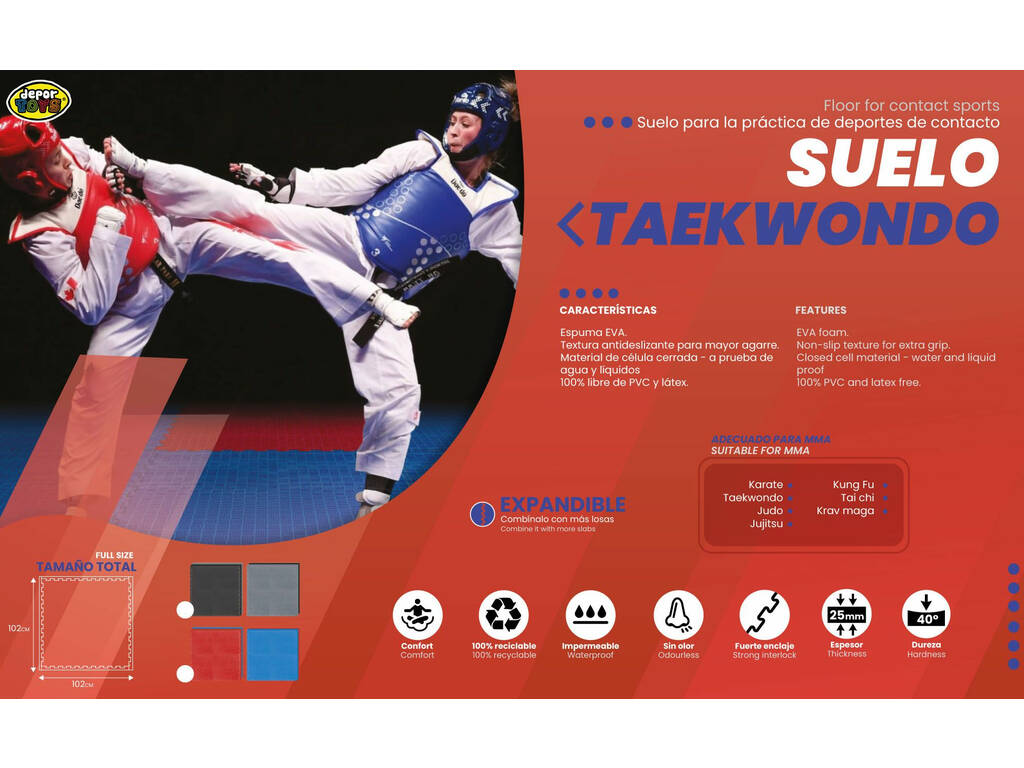 Carreau de sol Taekwondo 102x102x2,5 cm Rouge et Bleu Dureté 40°.