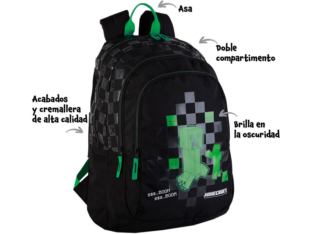 Minecraft Creeper Mochila Escolar Duplo Compartimento Adaptável a Carrinho de Toybags T434-1045