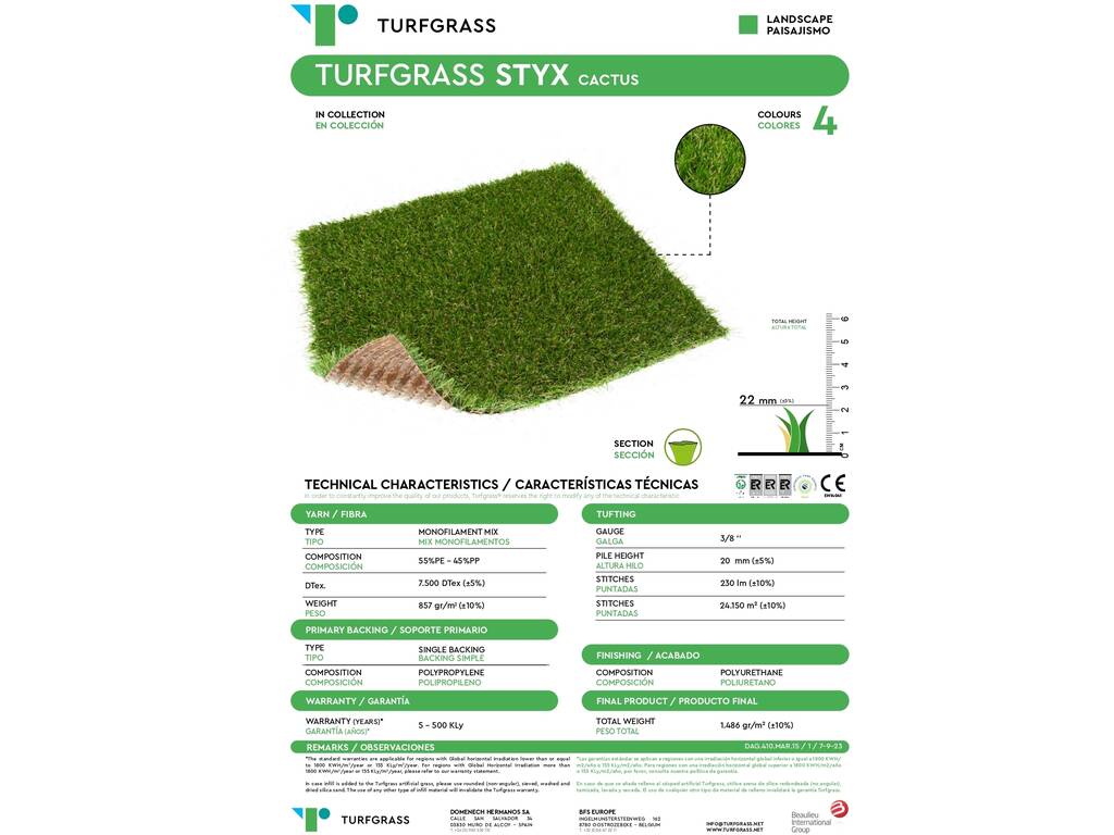 Césped Artificial Rollo de 50 m² Styx Cactus de 22 mm