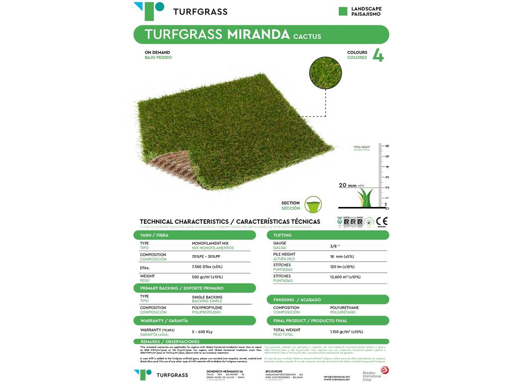 Relva Artificial Miranda Cactus de 20 mm Turfgrass MIRANDA200