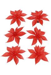 Lot de 6 fleurs de Nol rouges avec pince 9 cm