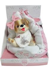 Poupée chien blanc et beige de 23 cm avec nacelle