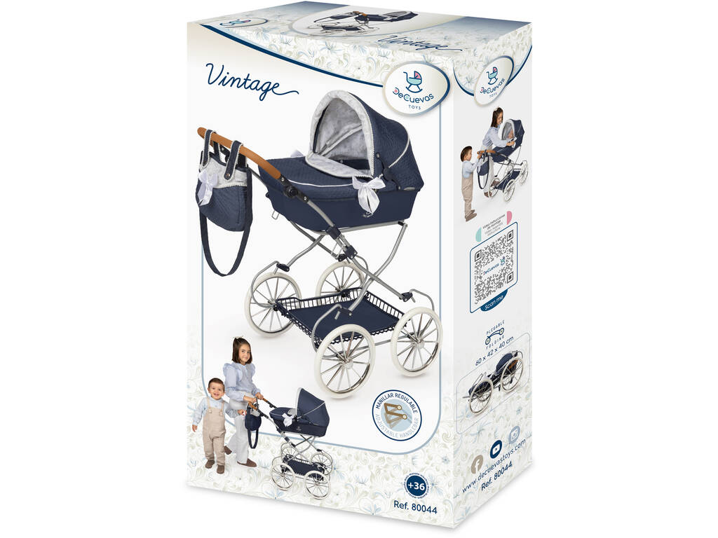 Chariot de poupée pliable vintage avec sac à main