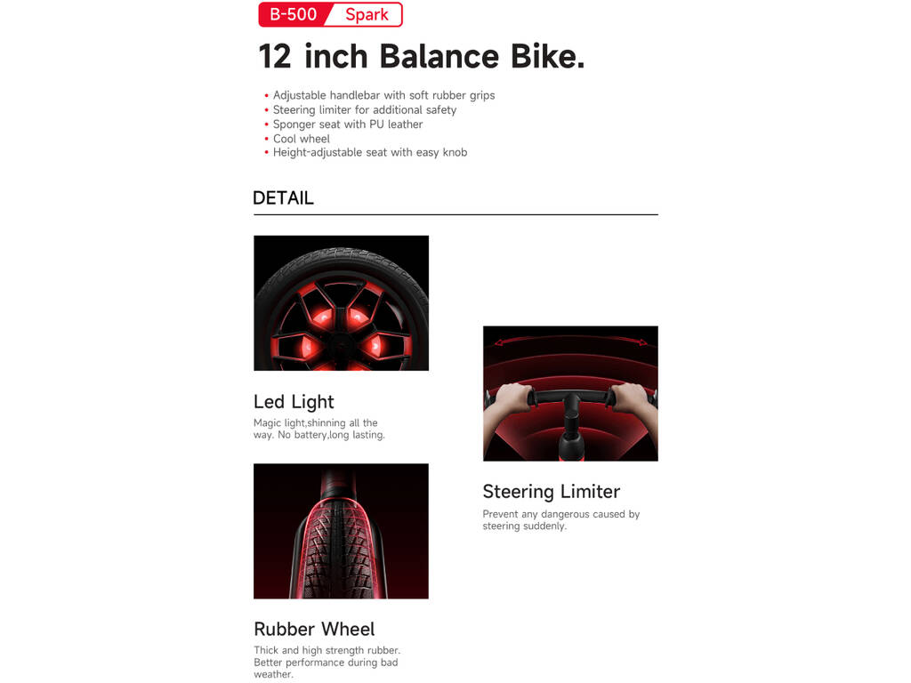 Bicicleta sin Pedales Spark Roja 12” con Luces LED en las Ruedas