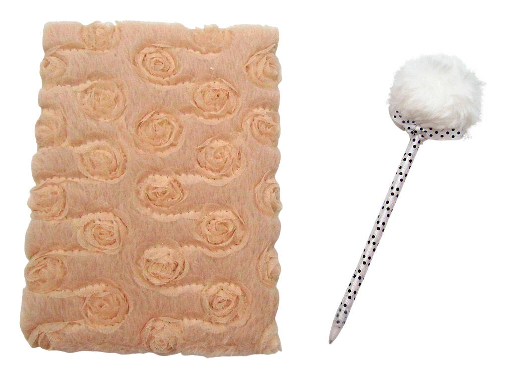 Pack Carnet Peluche A5 Fleurs Beige avec 80 Pages et Stylo Bleu avec Pompon de 22 cm