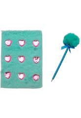 Pack Carnet Peluche A5 Cœurs Bleus avec 80 Pages et Stylo Bleu à Pompon de 22 cm