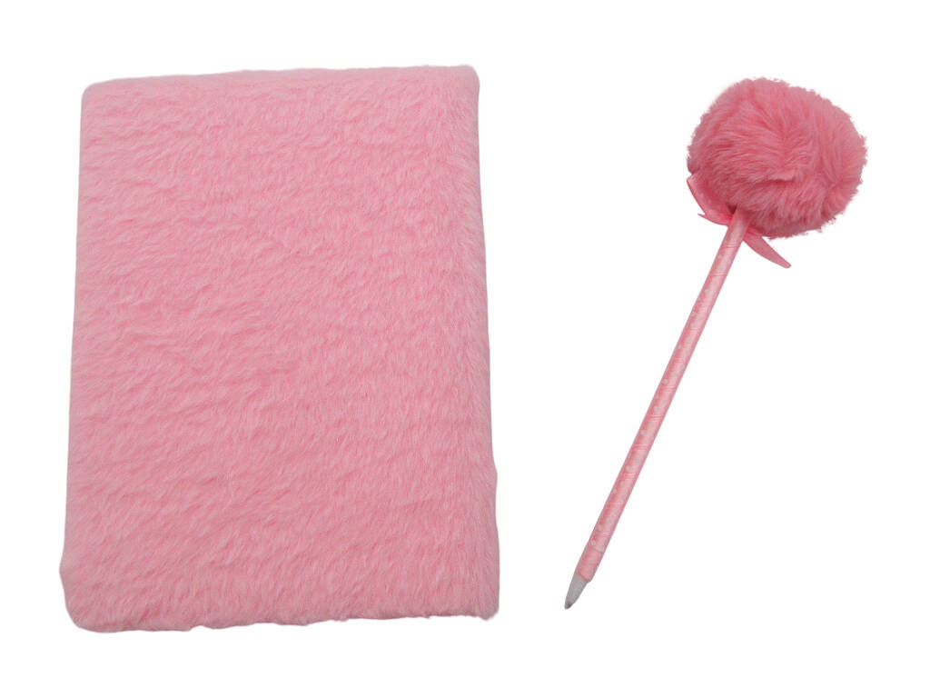Pack Carnet Peluche A5 Cœurs Rose avec 80 Pages et Stylo Bleu avec Pompon de 22 cm