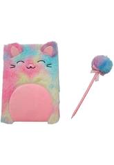 Pack Carnet Peluche A5 Chat Rose avec 80 Pages et Stylo Bleu avec Pompon de 22 cm