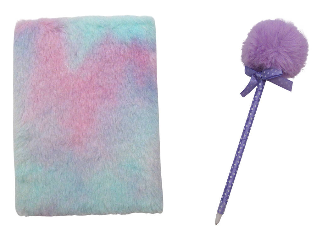 Pack Carnet Peluche A5 Chat Violet avec 80 Pages et Stylo Bleu avec Pompon de 22 cm