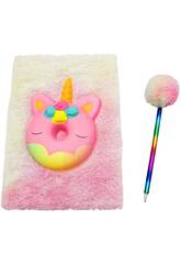 Carnet Peluche Squeezy A5 Donut Licorne Rose avec 80 Pages et Stylo Bleu Pompon de 21 cm