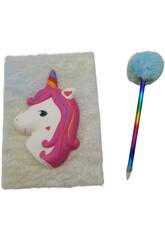 Carnet Peluche Squeezy A5 Donut Licorne Blanche avec 80 Pages et Stylo Bleu Pompon de 21 cm