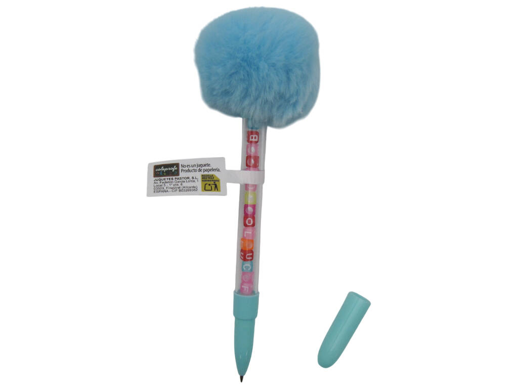 Stylo à bille bleu avec pompon et perles avec lettres 19 cm