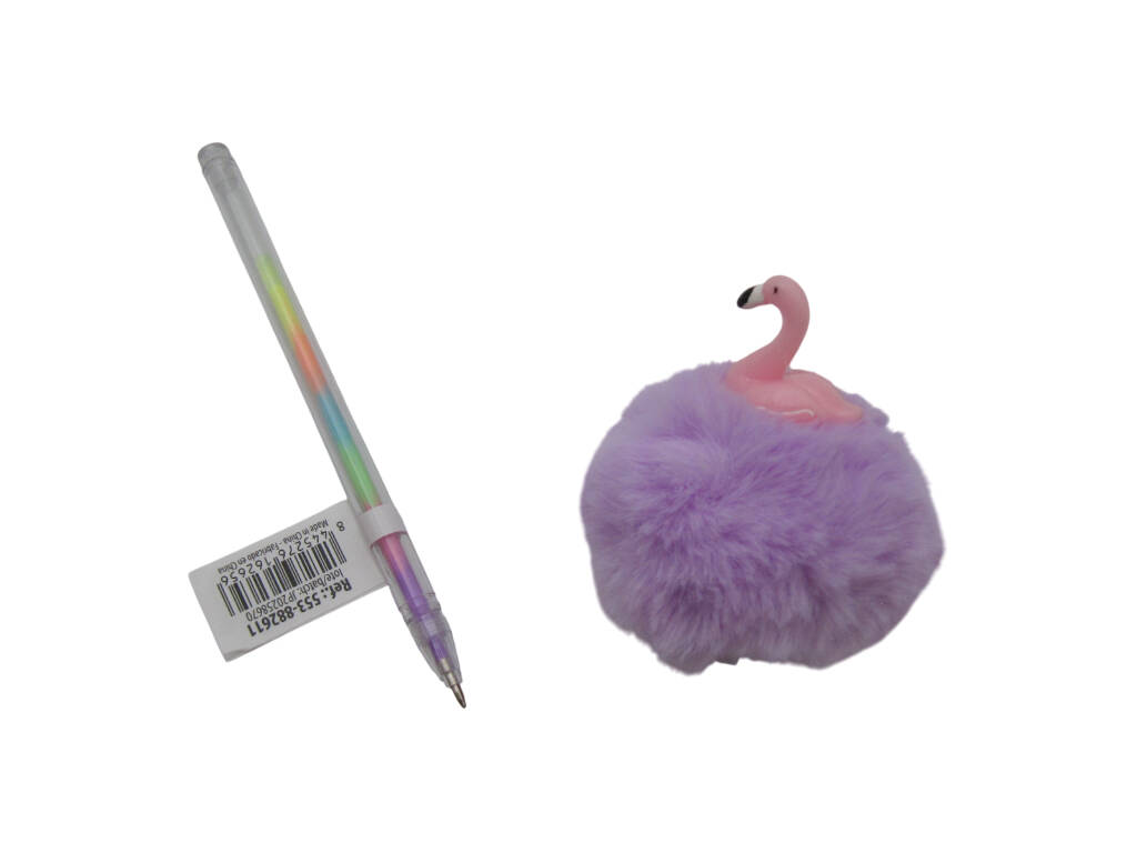 Stylo à bille multicolore avec pompon et flamant rose 19 cm