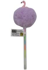 Caneta Multicolor com Pompom e Flamingo de 19 cm
