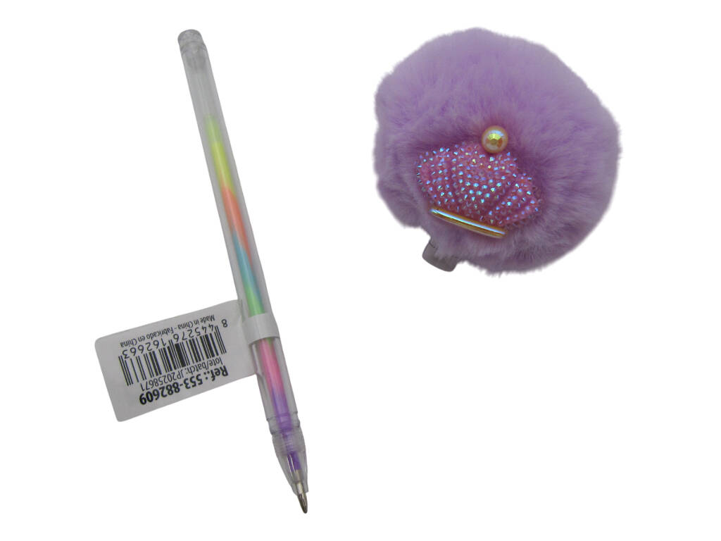 Stylo à bille multicolore avec pompon et couronne 17,5 cm
