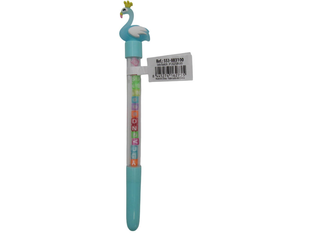 Stylo à bille bleu avec flamant rose et perles avec lettres 19,5 cm