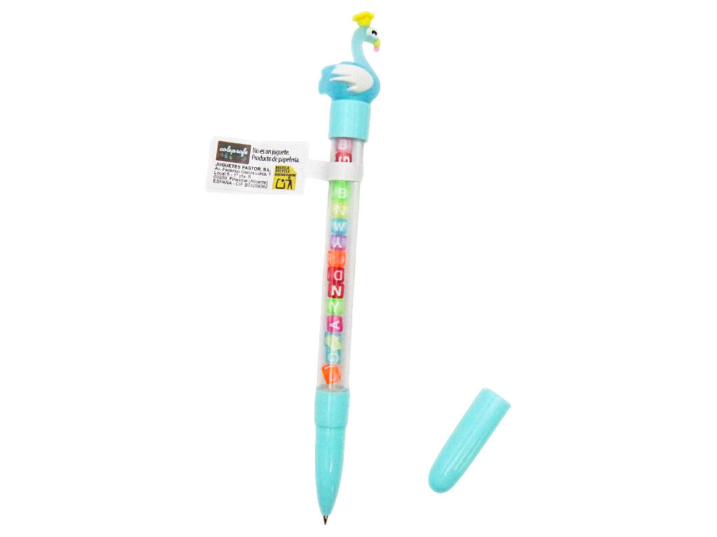 Stylo à bille bleu avec flamant rose et perles avec lettres 19,5 cm