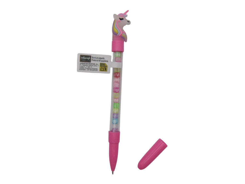 Stylo à bille bleu avec licorne et perles avec lettres 19,5 cm
