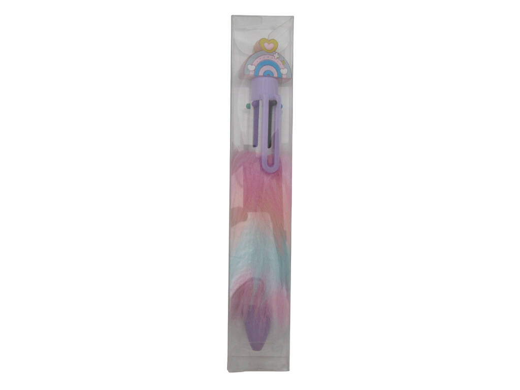 Stylo à bille 6 couleurs avec arc-en-ciel et fourrure 15,5cm
