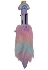 Stylo  bille 6 couleurs avec arc-en-ciel et fourrure 15,5cm