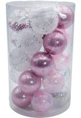Décoration de Noël Boîte de 25 boules de Noël roses et argentées de 6 cm