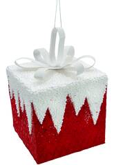 Enfeite Natalício Caixa Oferta com Brilhantes e Laço Branco de 15 cm