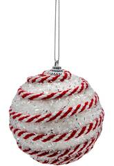 Ornamento Natalício Bola Branca Brilhante com Cordão Branco e Vermelho de 8 cm