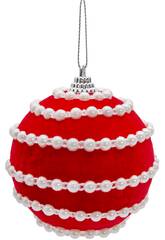 Ornamento Natalício Bola Vermelha de Veludo com Pérolas Brancas de 8 cm