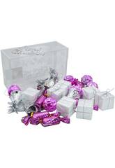 Décoration de Noël Boîte de 27 décorations pour sapin Fuchsia et Argent de 5 cm
