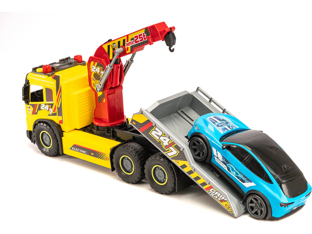 Camion grue Volvo de 55 cm avec lumières et sons et voiture Form Mustang de 25 cm